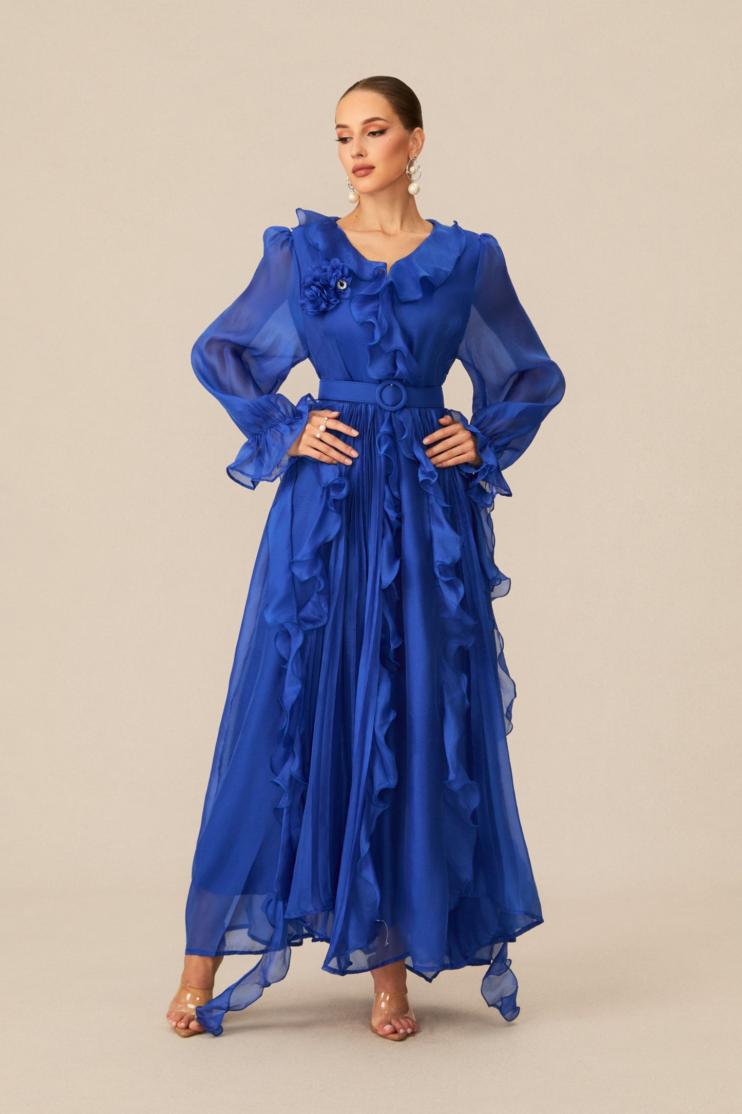 Cobalt Blue Ruffle Trim Maxi Dress with V-Neck - view 2