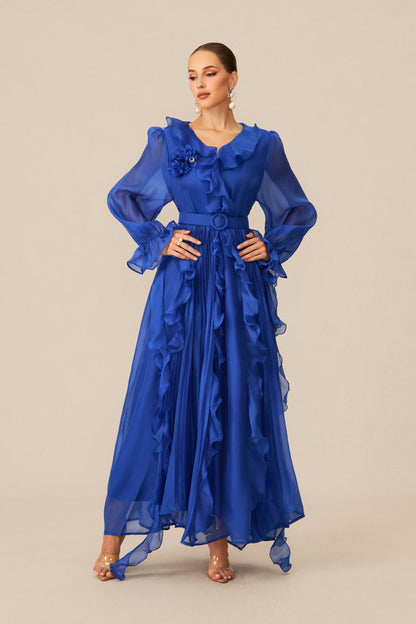 Cobalt Blue Ruffle Trim Maxi Dress with V-Neck - view 2