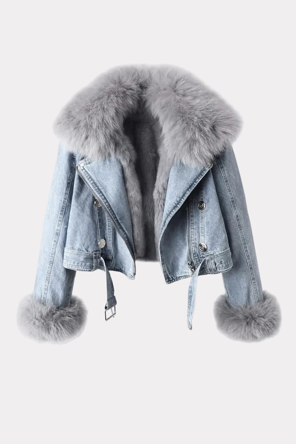 Denim Jacket with Faux-Fur Trim and Oversized Collar - 1
