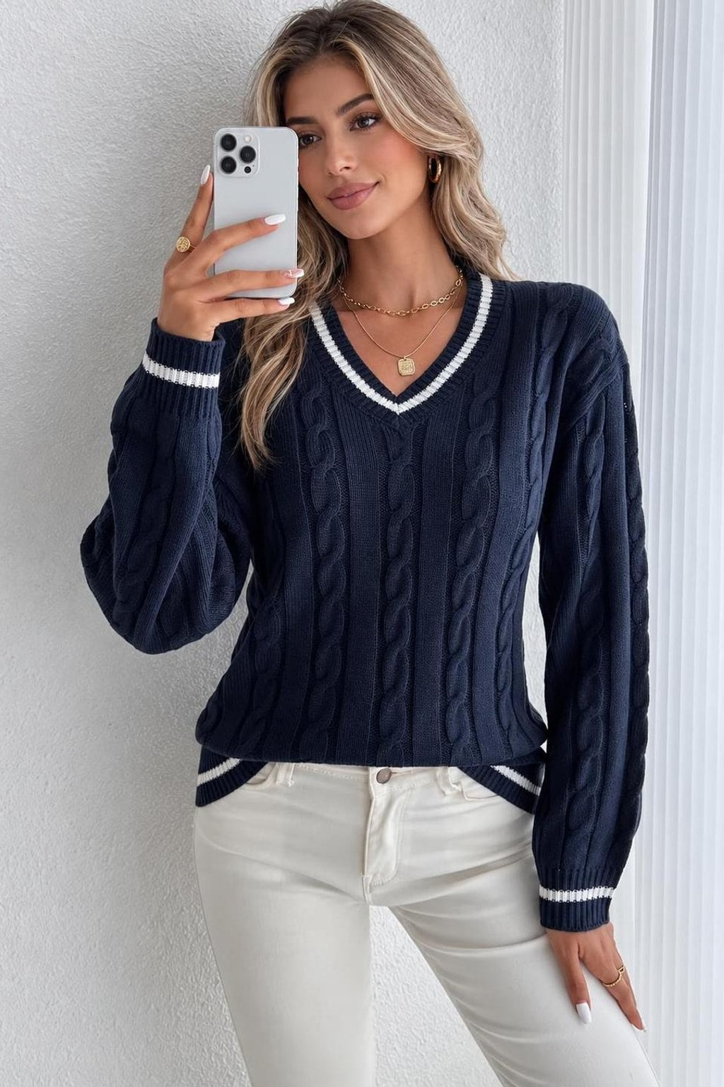Cable Knit V-Neck Sweater - 2