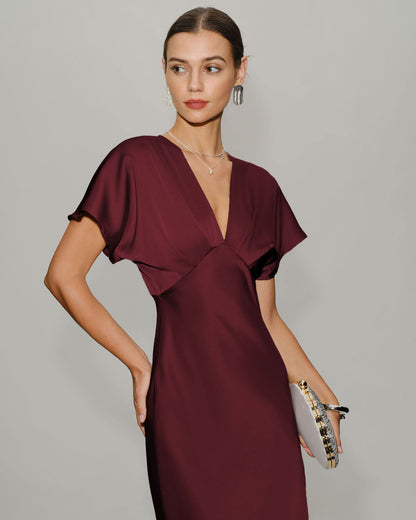 Wine red satin cowl neck midi dress - view 3