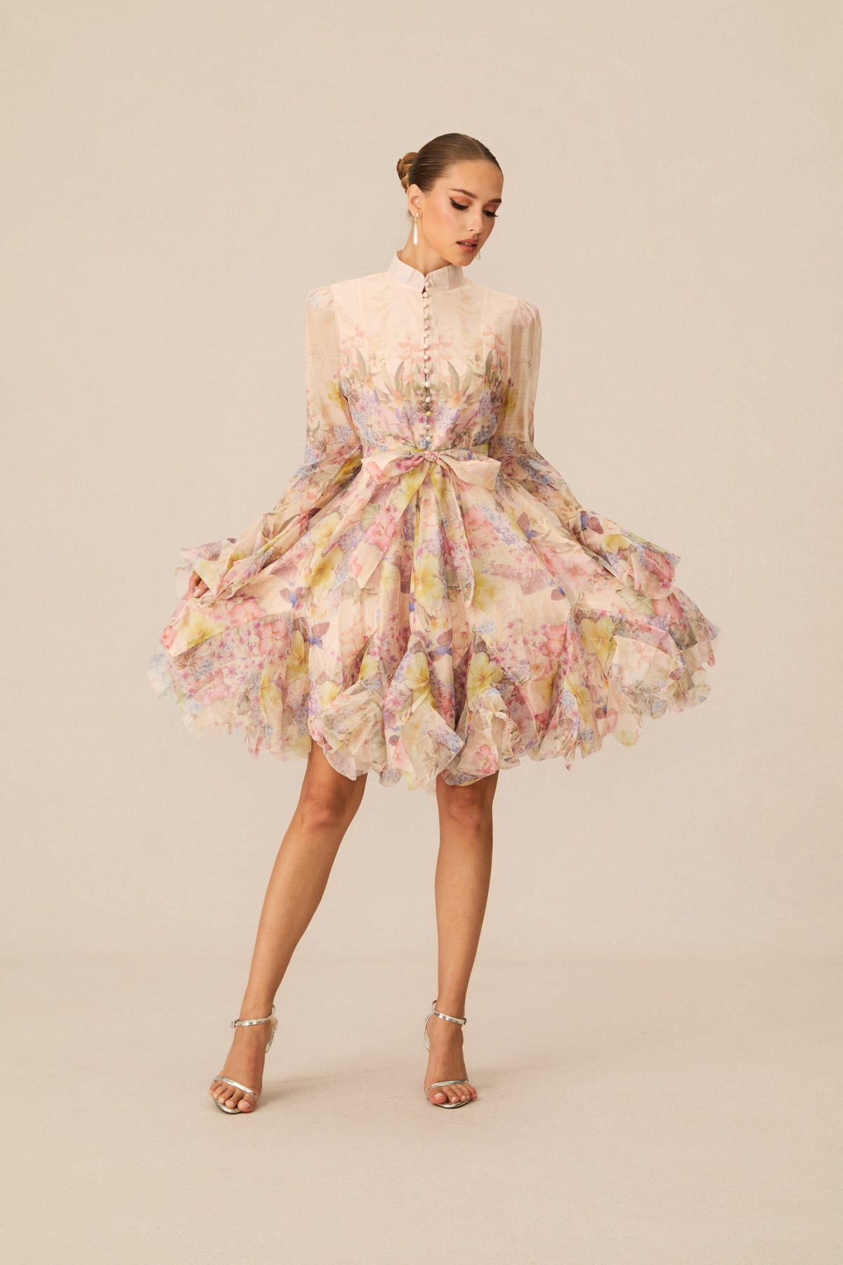 Floral Flared Mini Dress with Detachable Belt - view 5