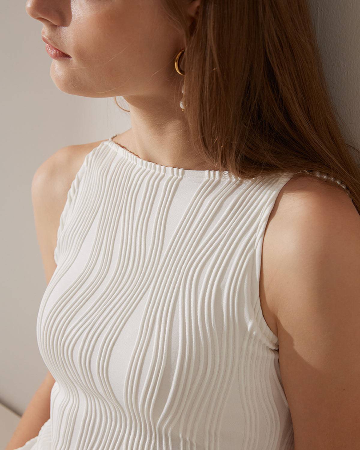 White textured cami midi dress with pearl straps - view 3