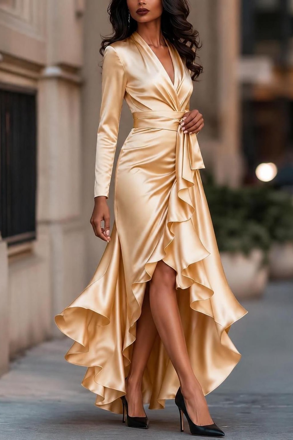 Satin Wrap Midi Dress With Tie Waist - 3