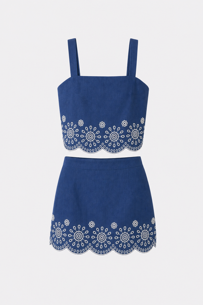 Scalloped Embroidered Cotton Blend Skirt Set