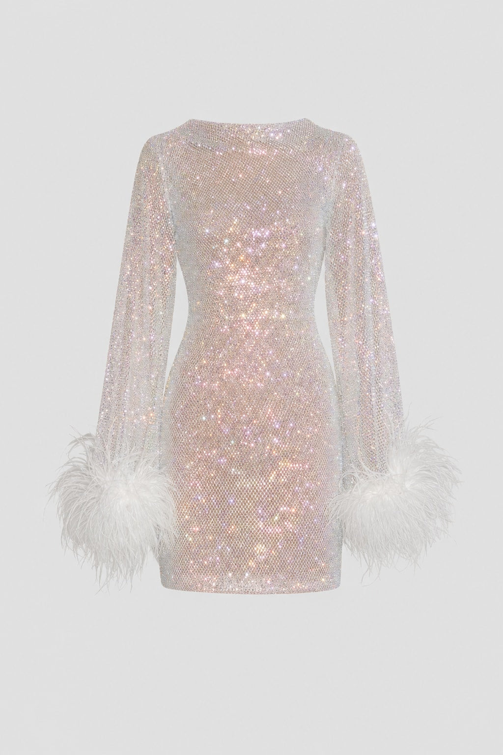 Feather Trim Mini Dress with Rhinestone Sparkle - 1