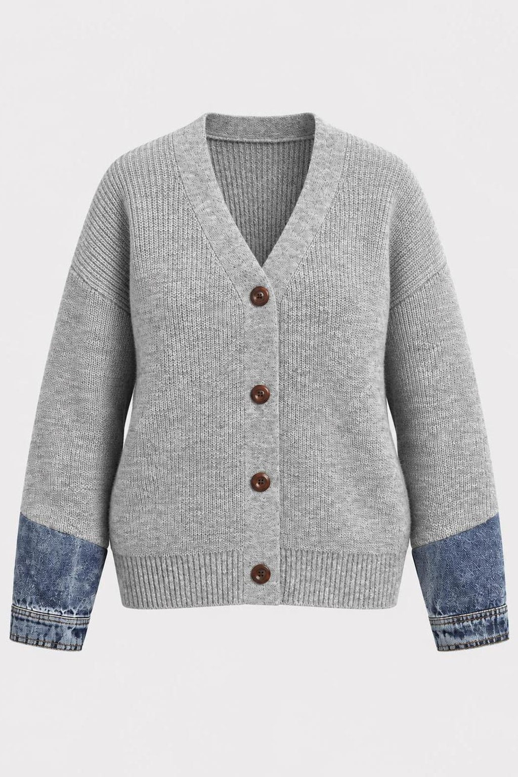 Knit Cardigan With Denim Patchwork - 1