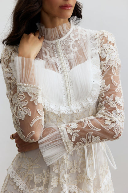 Floral Lace Mock Neck Maxi Dress with Pearls - view 3