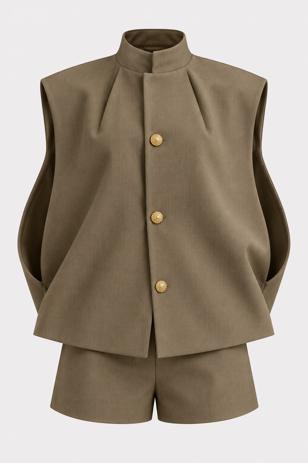 Textured Vest And Shorts Set Khaki Tailored Co-Ord - 1