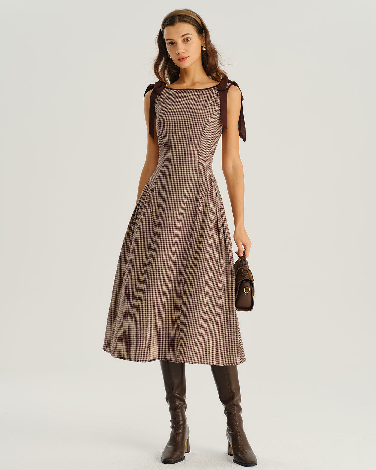 Brown Gingham Midi Dress with Tie Belt - view 2