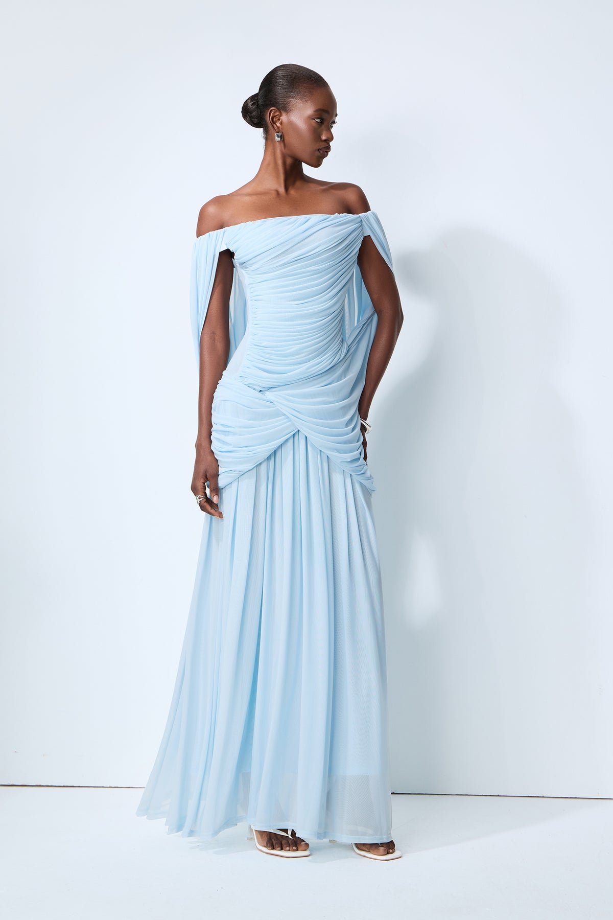 Blue off-shoulder ruched maxi dress with waterfall drape - view 2