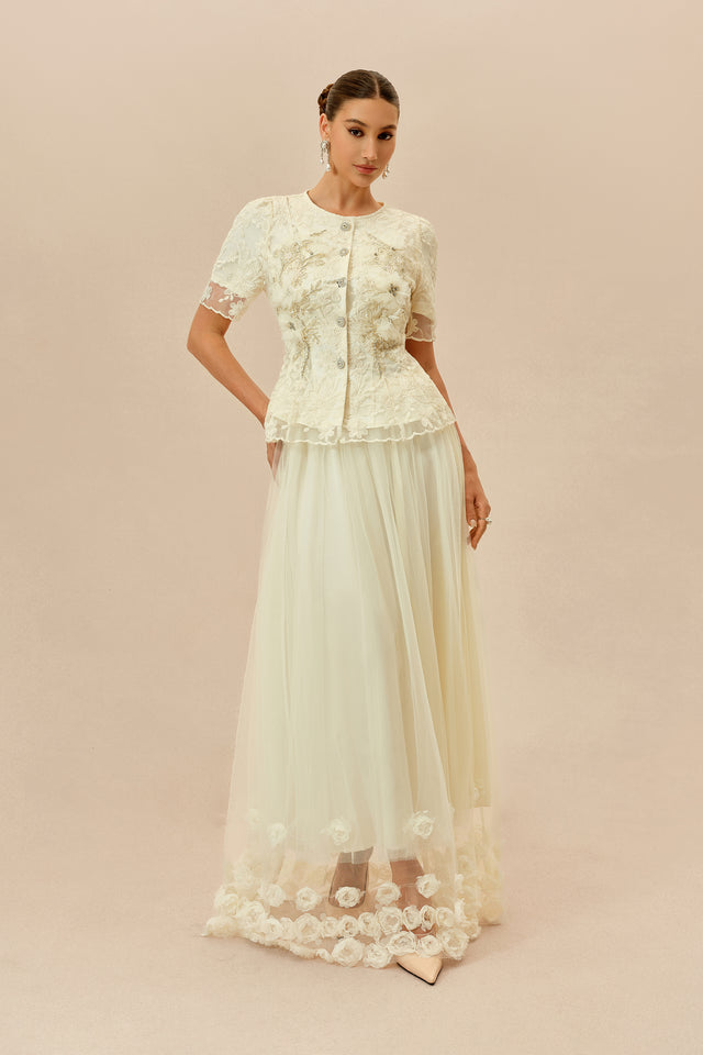 Lace Top And Tulle Skirt Set with Floral Applique - 2