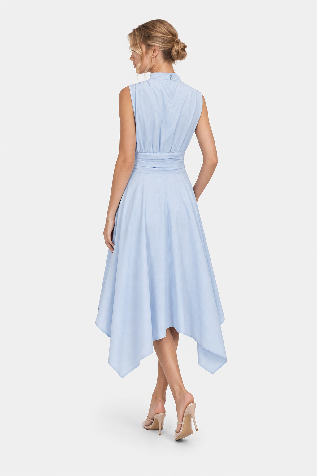 Light Blue Cotton Blend Stand Collar Midi Dress - view 4