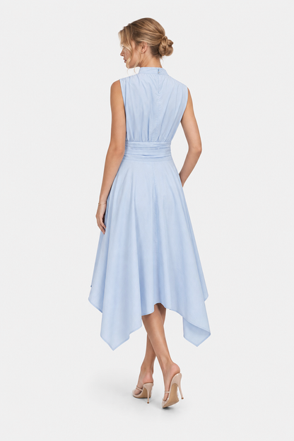 Light Blue Cotton Blend Stand Collar Midi Dress - view 4