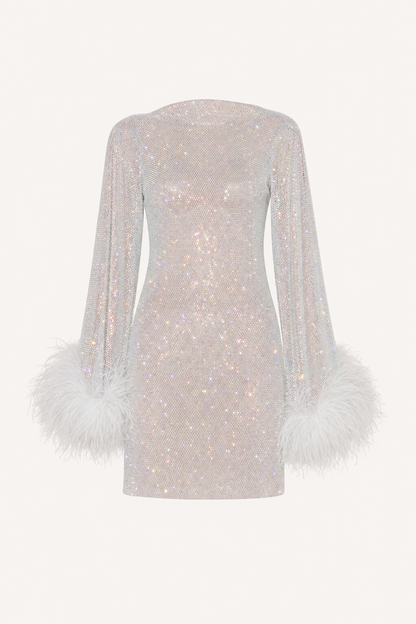 Feather Sleeve Rhinestone Mini Dress