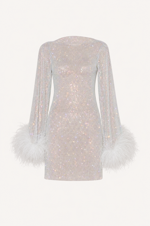 Feather Sleeve Rhinestone Mini Dress