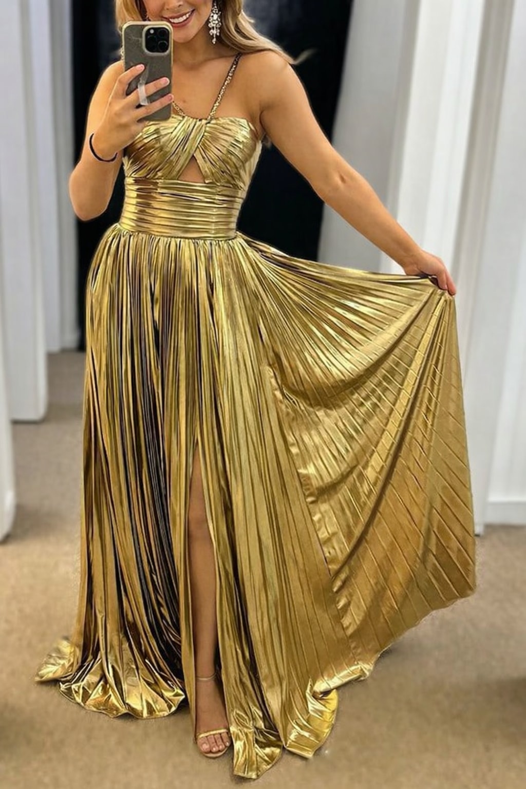 Metallic Maxi Dress with Cross Neck and Slit - 3