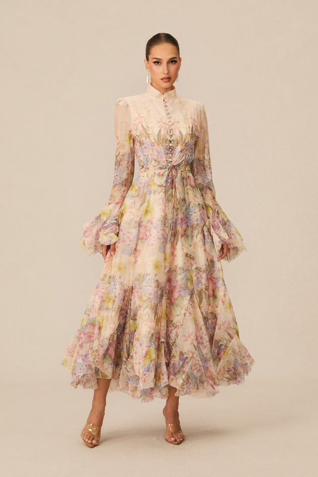 Floral Print Maxi Dress With Ruffle Cuffs And Tie Waist Belt - 7