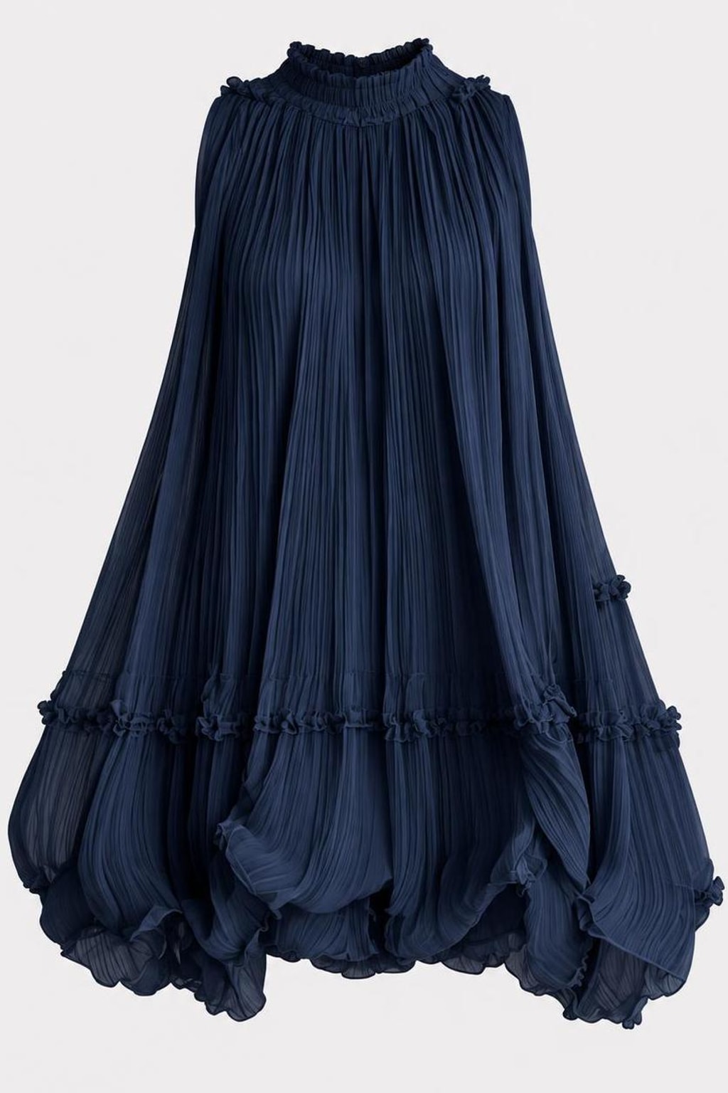 Polyester Chiffon Mini Dress With Pleated High Neck - 1