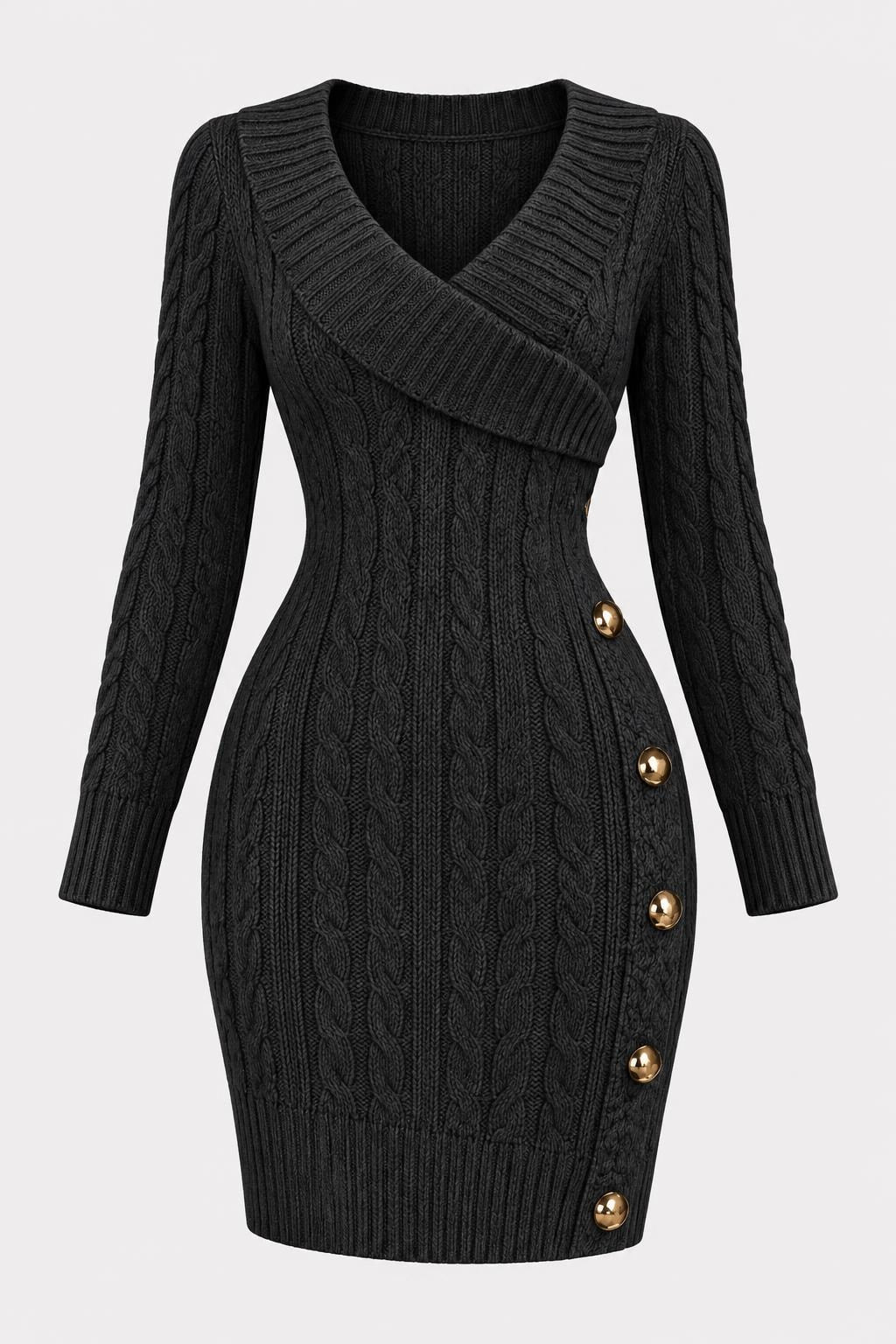 Knit Sweater Dress with V-Neck Wrap Front - 1