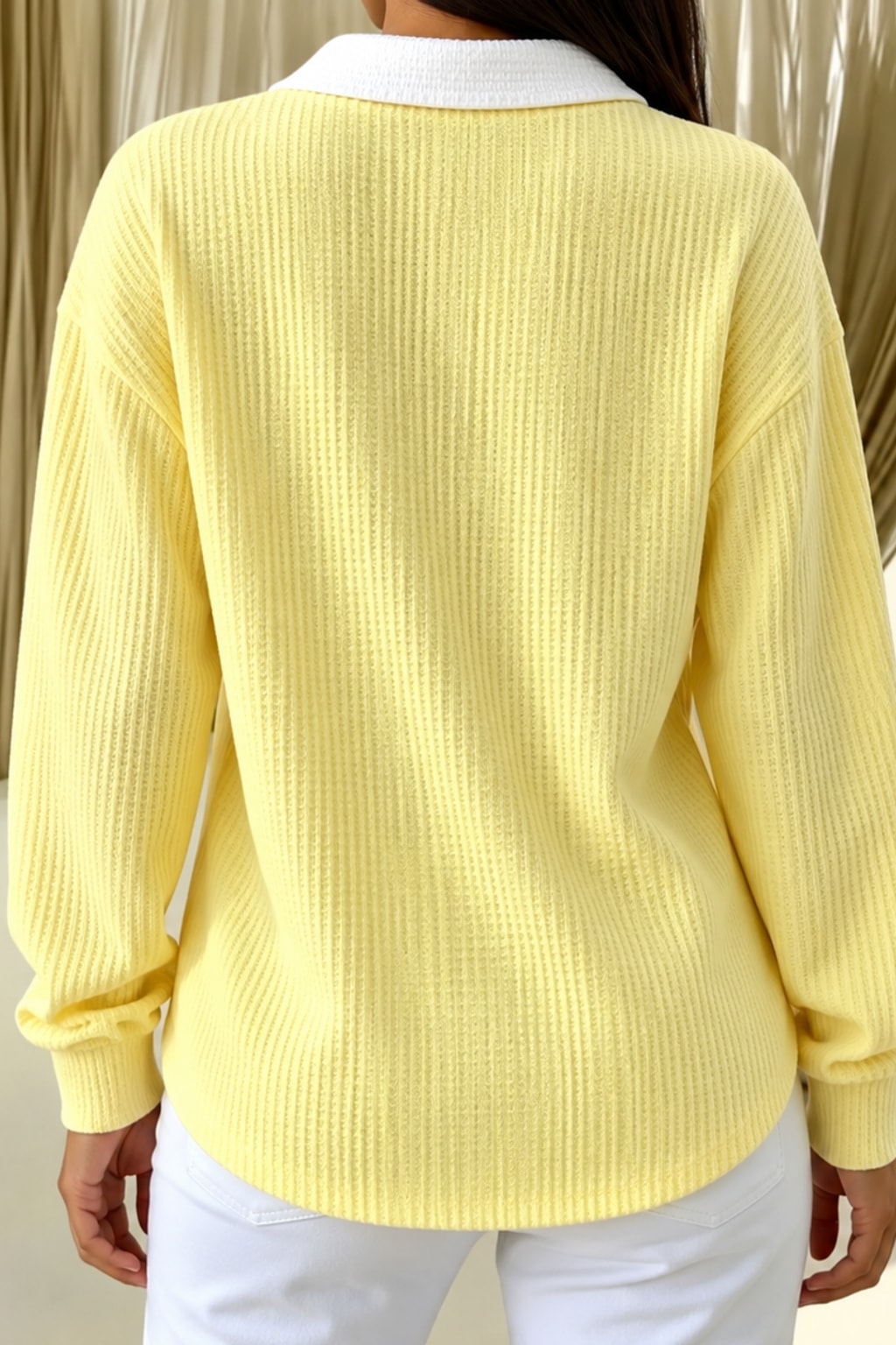Cotton Waffle Knit Polo Blouse Casual Drop Shoulder - 2