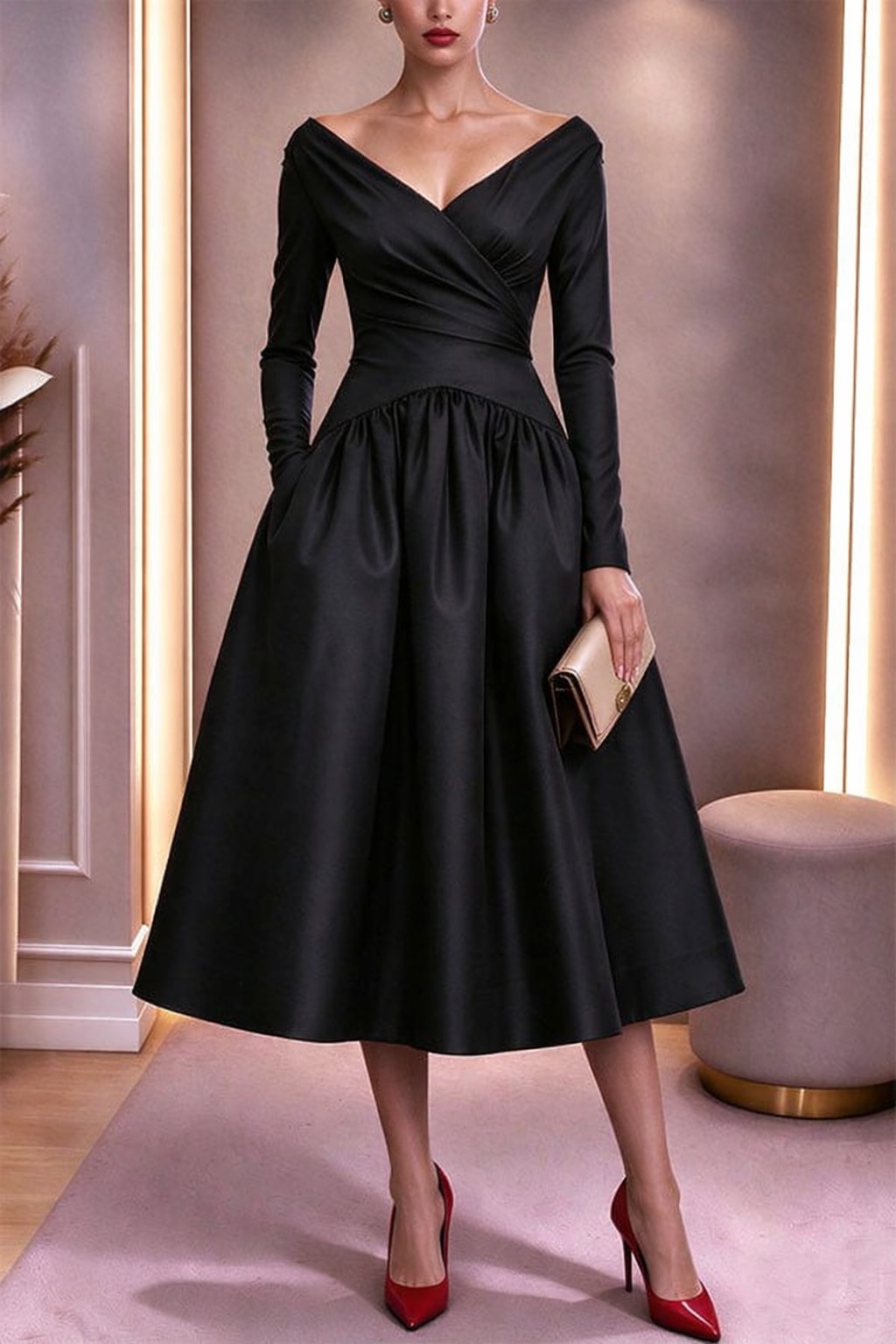 Satin Midi Dress With V-Neck And Flared Skirt - 7
