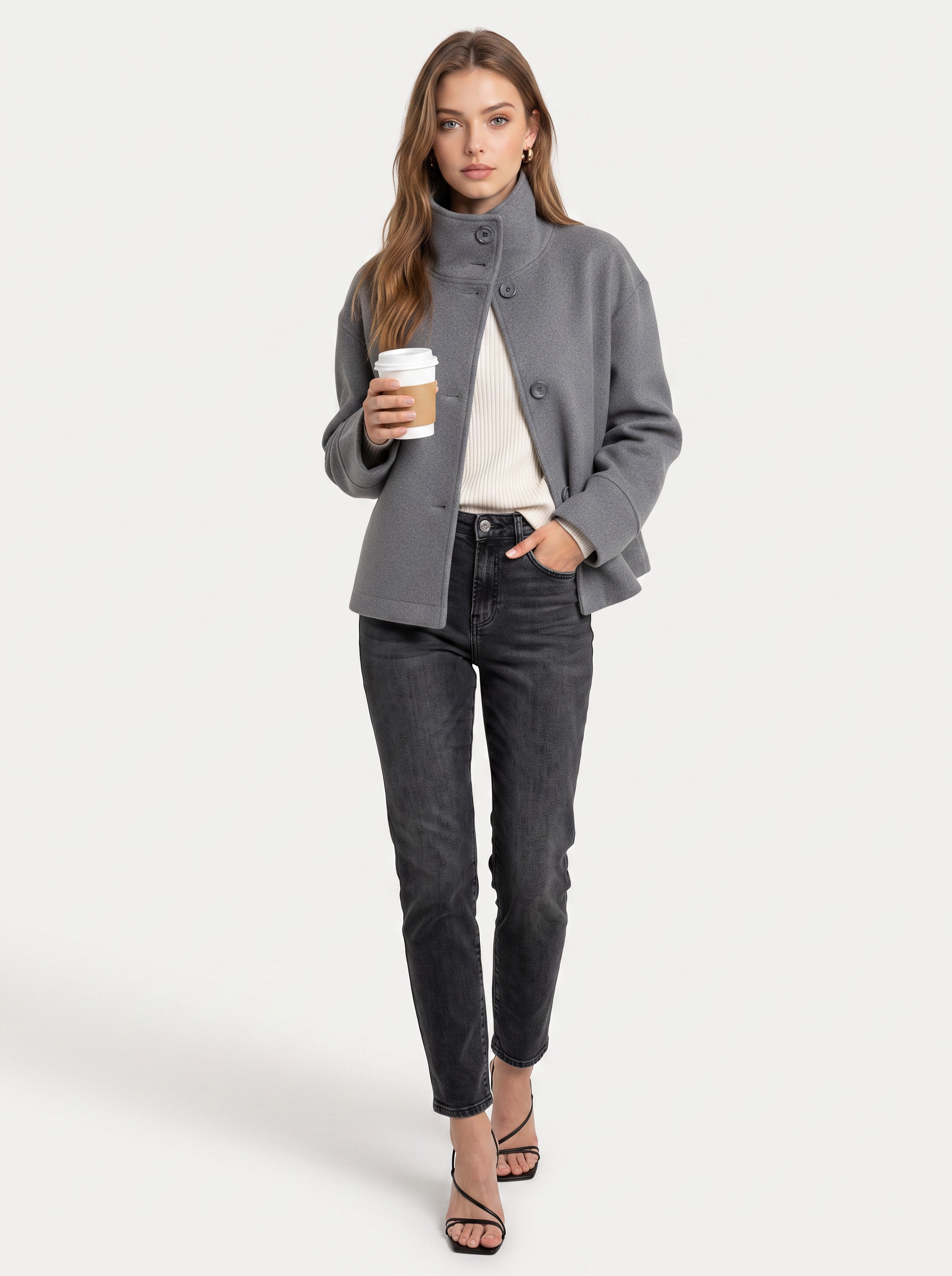 Stand collar short jacket with single button - view 4