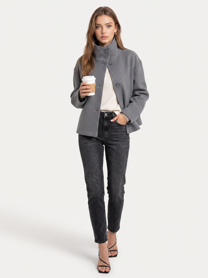 Stand collar short jacket with single button - view 4