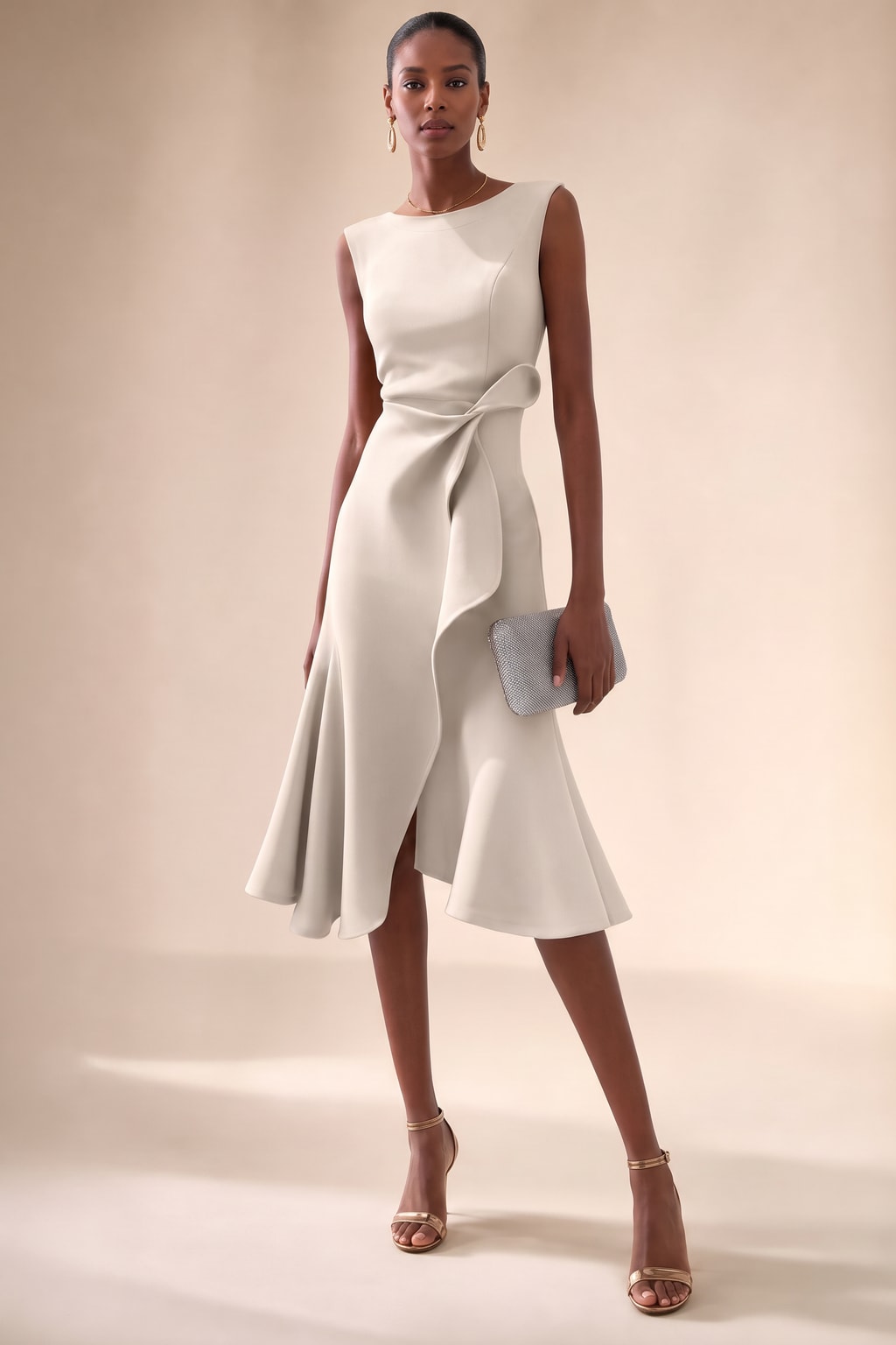 Satin Midi Dress With Asymmetric Draped Detail - 12
