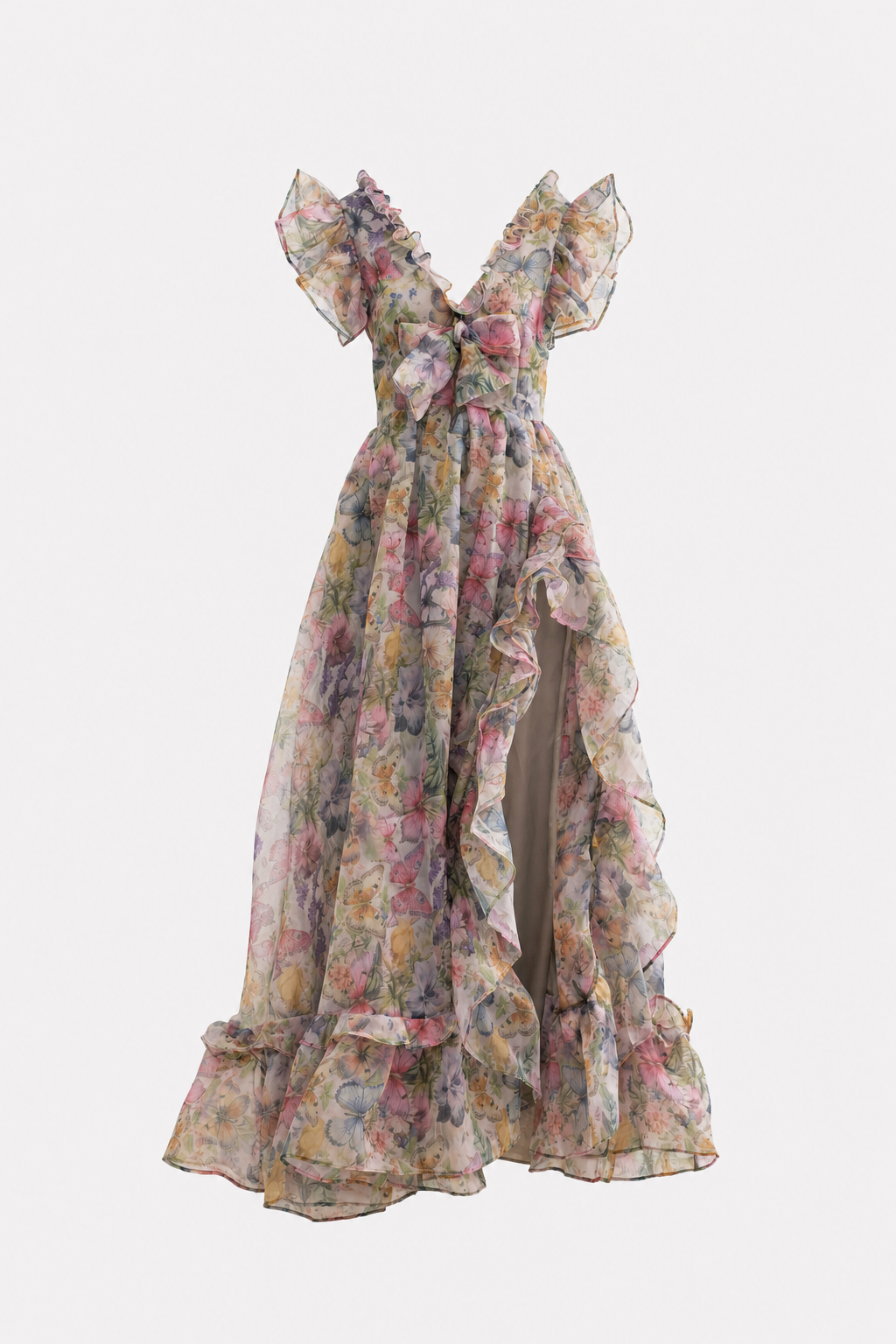 Floral Butterfly Print Chiffon Maxi Dress