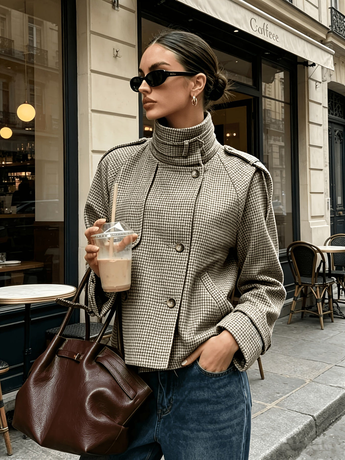 Khaki Houndstooth Cropped Jacket, Stand Collar - view 6