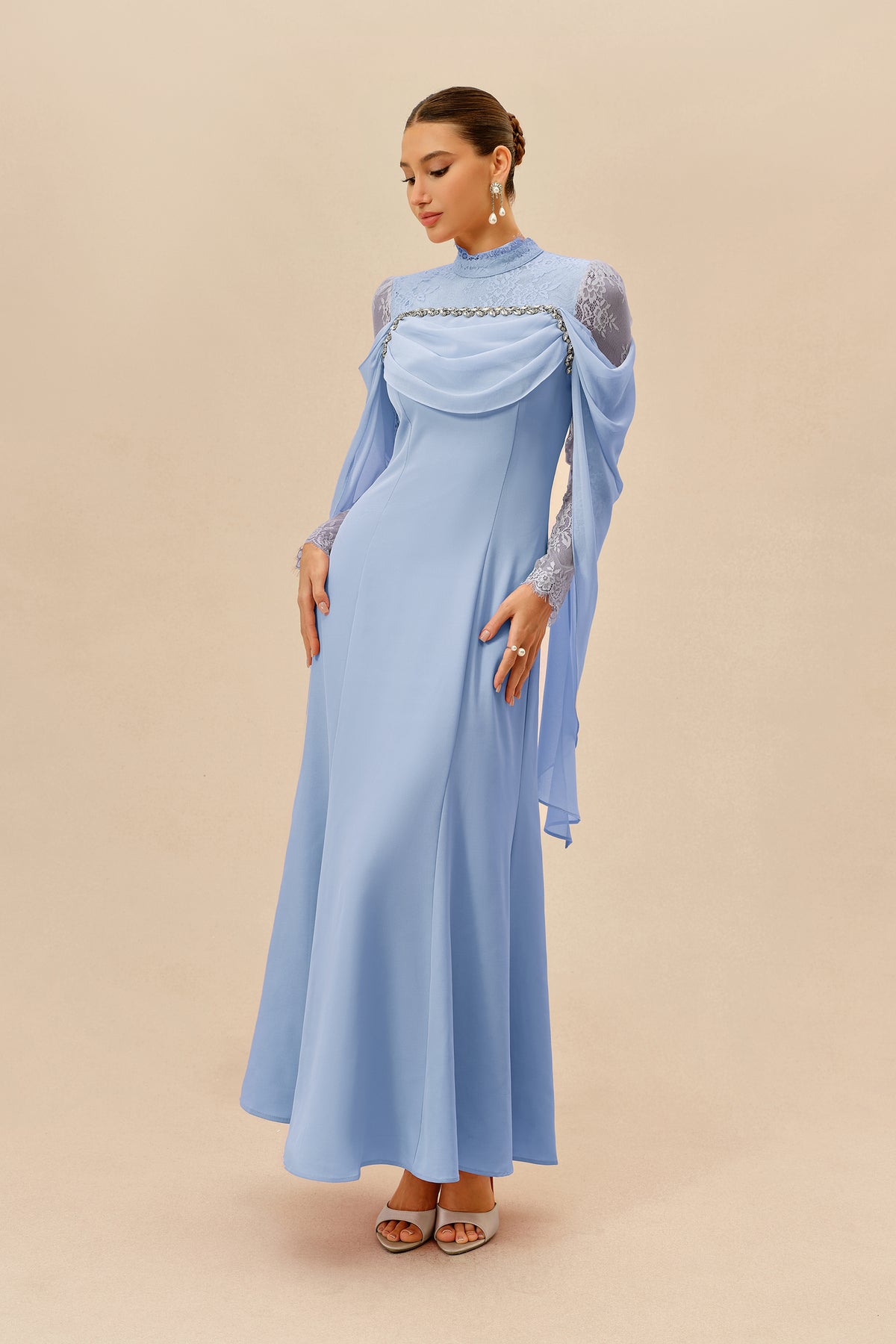 Blue Floral Chiffon Maxi Dress with Ruffle Sleeves - view 5