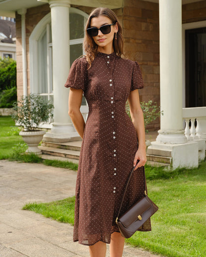 Brown Polka Dot Chiffon Midi Dress - view 5