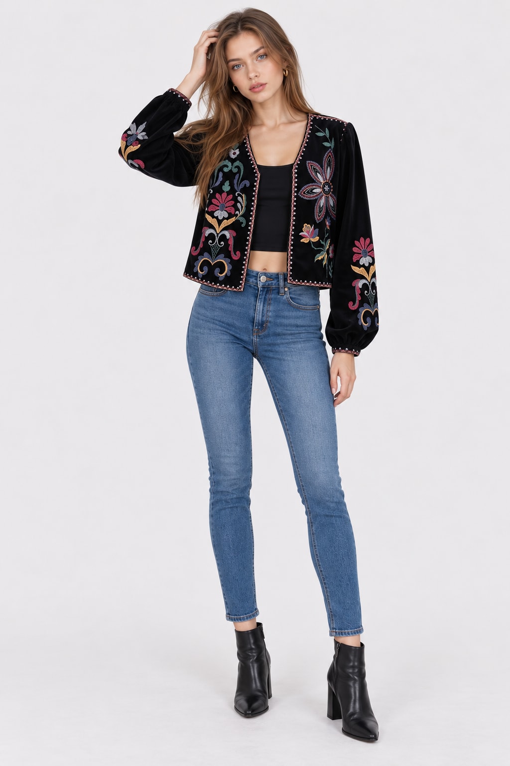 Velvet Jacket Embroidered Floral Street Style - 3