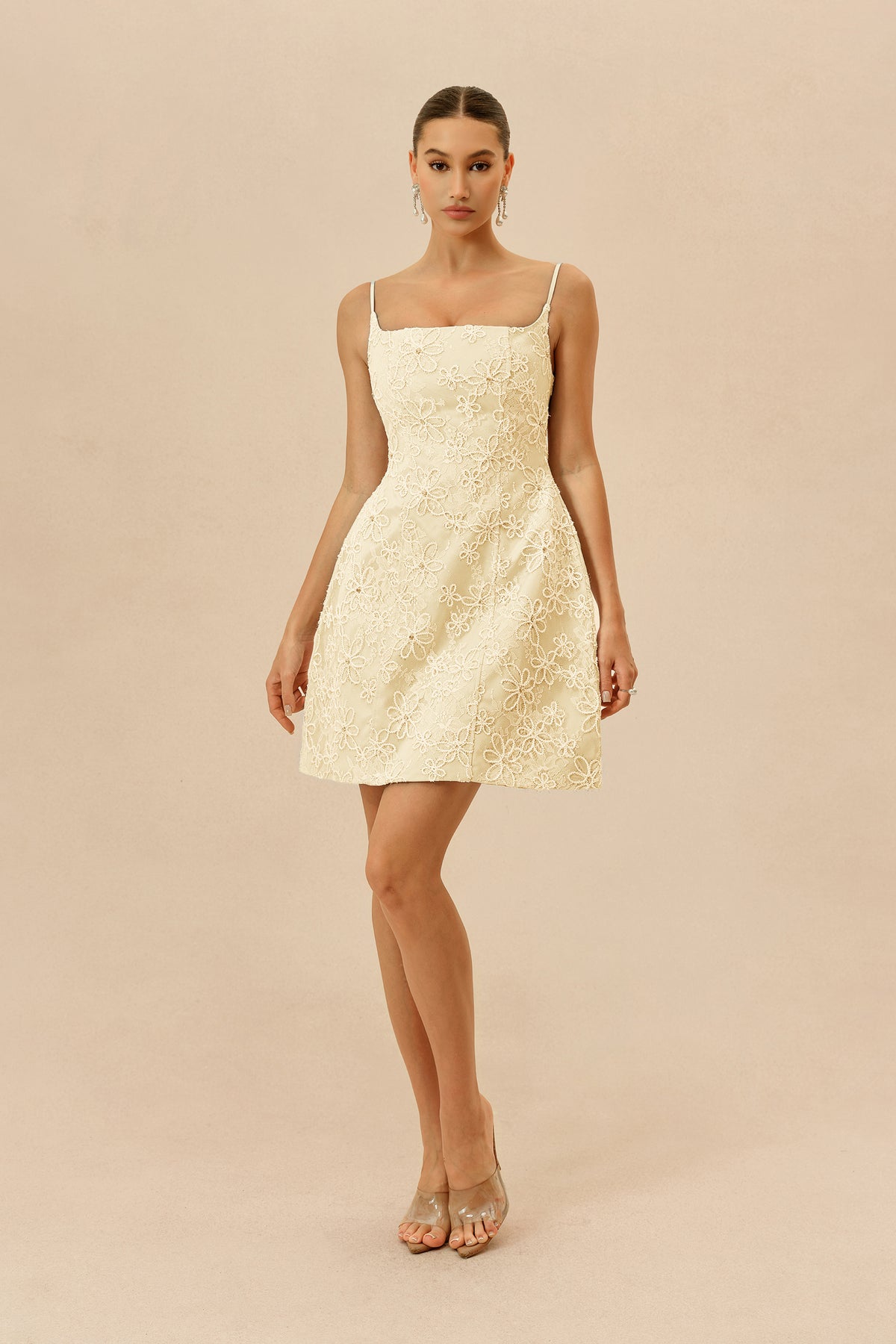 Apricot Floral Lace Mini Dress, Spaghetti Straps - view 2