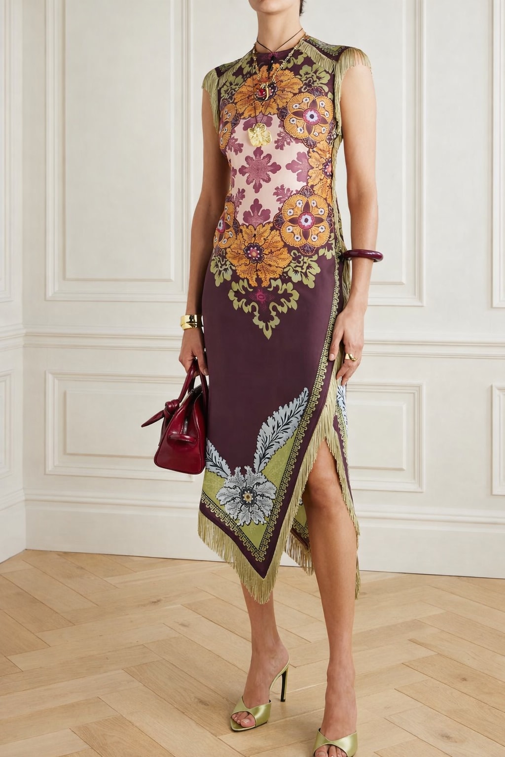 Satin Maxi Dress With Asymmetrical Fringe Hem - 2