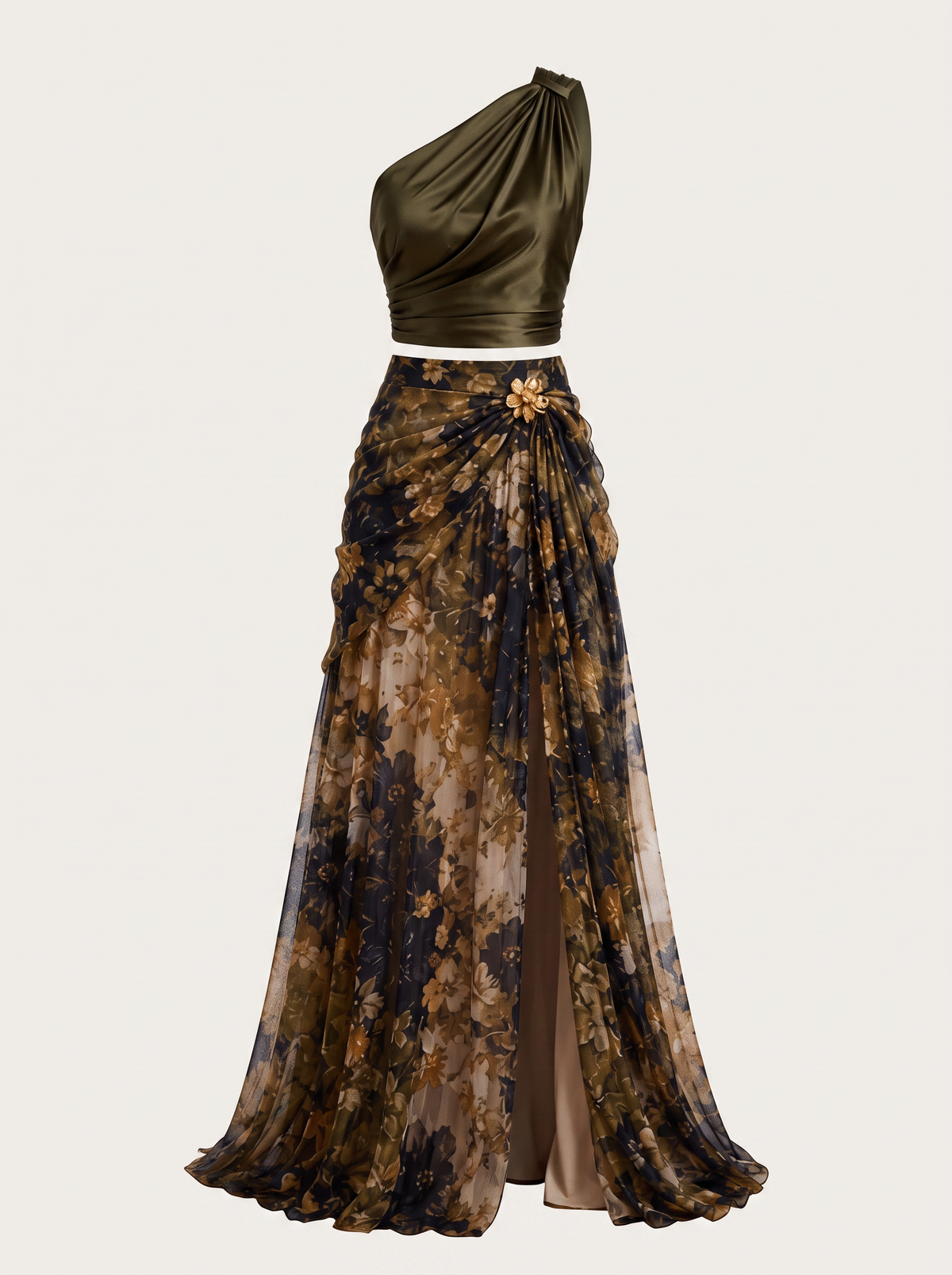 Satin one-shoulder maxi dress with floral tulle hem