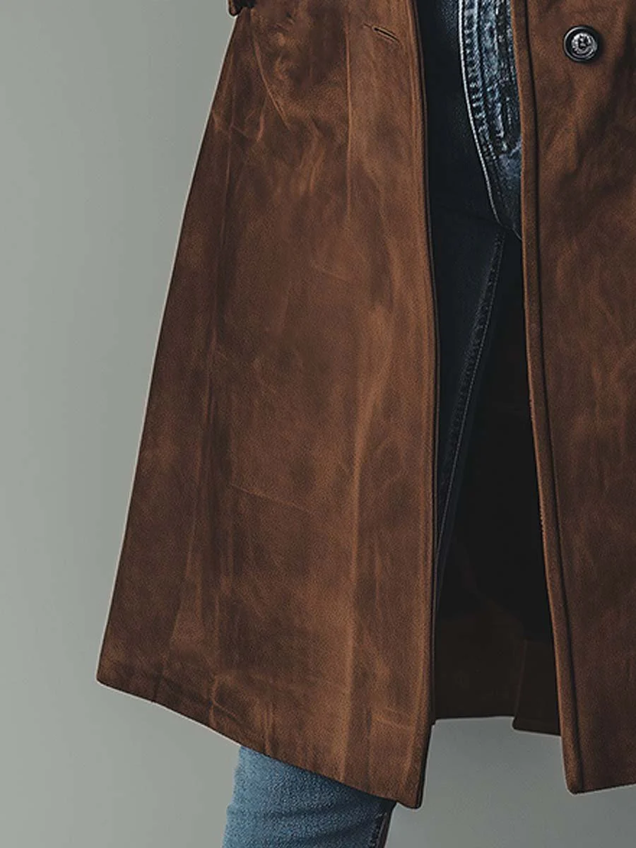 Faux Suede Longline Trench Coat with Pockets - view 9