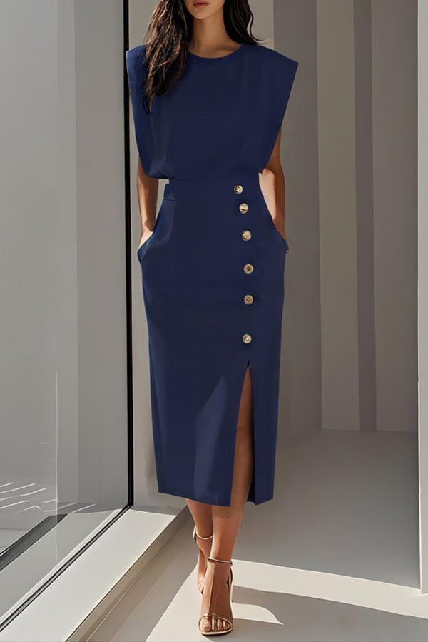 Sleeveless midi dress with button side slit - view 6
