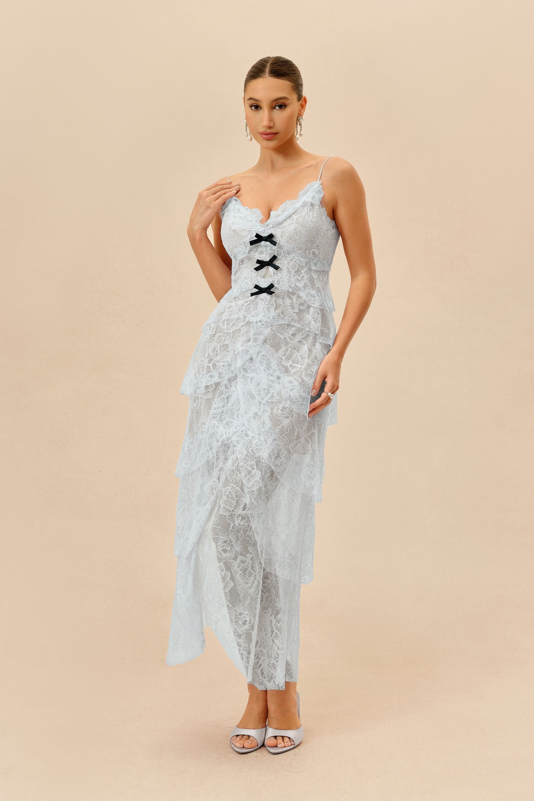Tiered Ruffle Lace Maxi Dress in Blue - view 2
