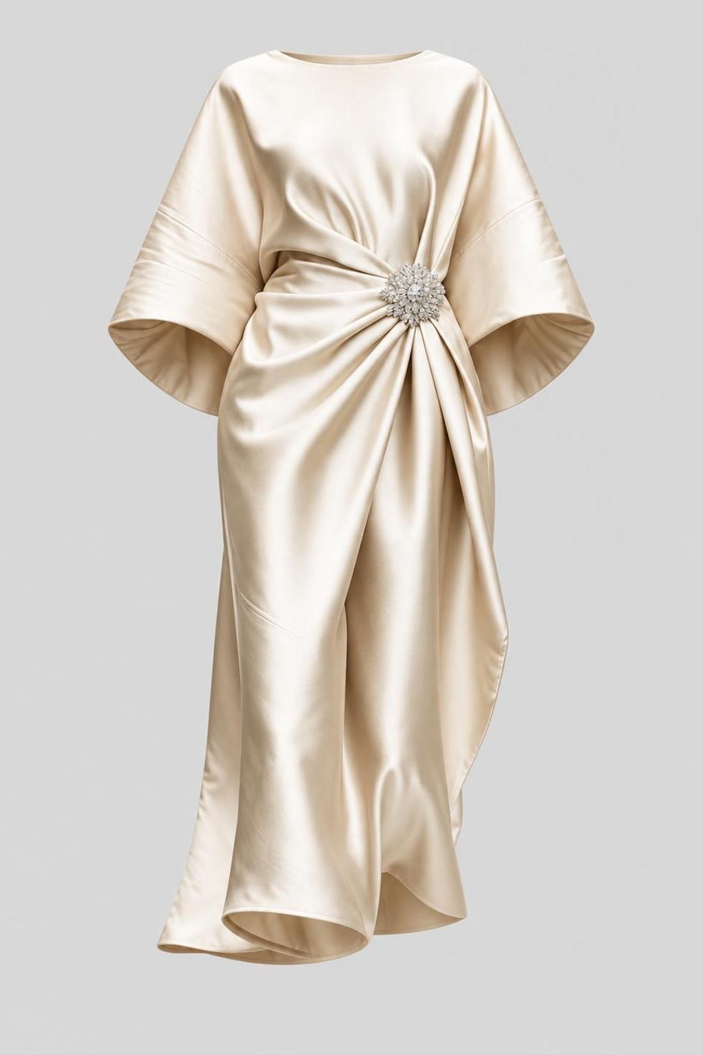 Satin Midi Dress With Draped Brooch - 1