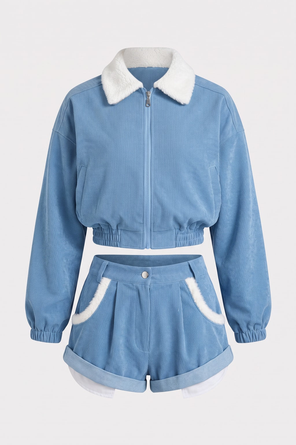 Light blue corduroy set with a cropped zip jacket and high waist shorts trimmed in white faux fur