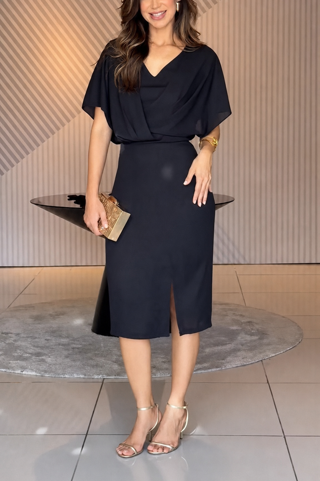Black Chiffon Pencil Dress with Batwing Sleeves - view 4