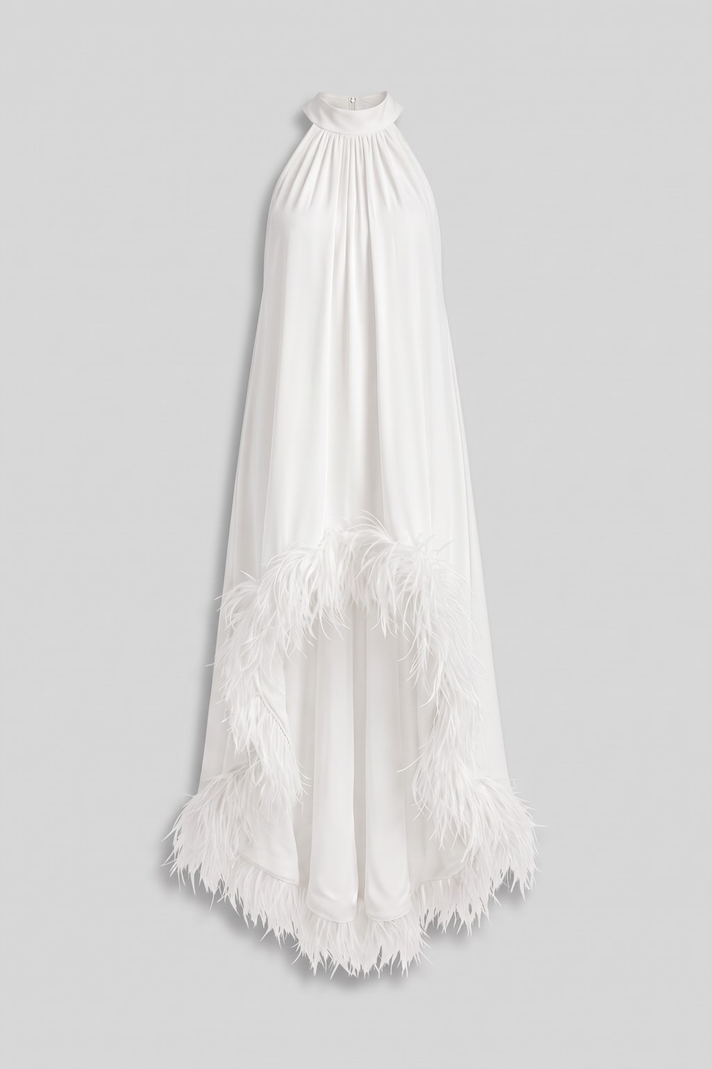 Fluid Fabric Halter Dress With Feather Trim - 1