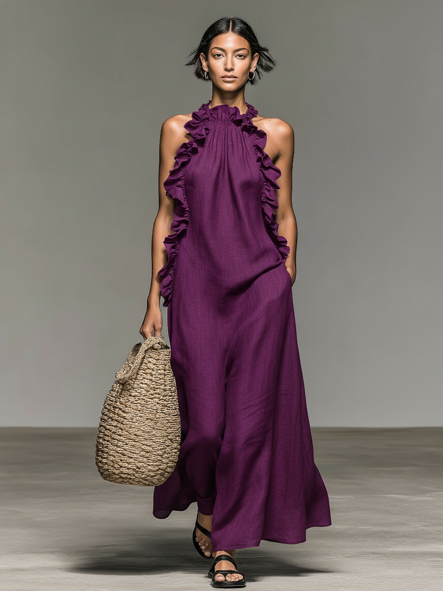 Sleeveless Maxi Dress with Ruffle Trim and Pockets - view 8