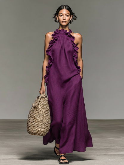 Sleeveless Maxi Dress with Ruffle Trim and Pockets - view 8