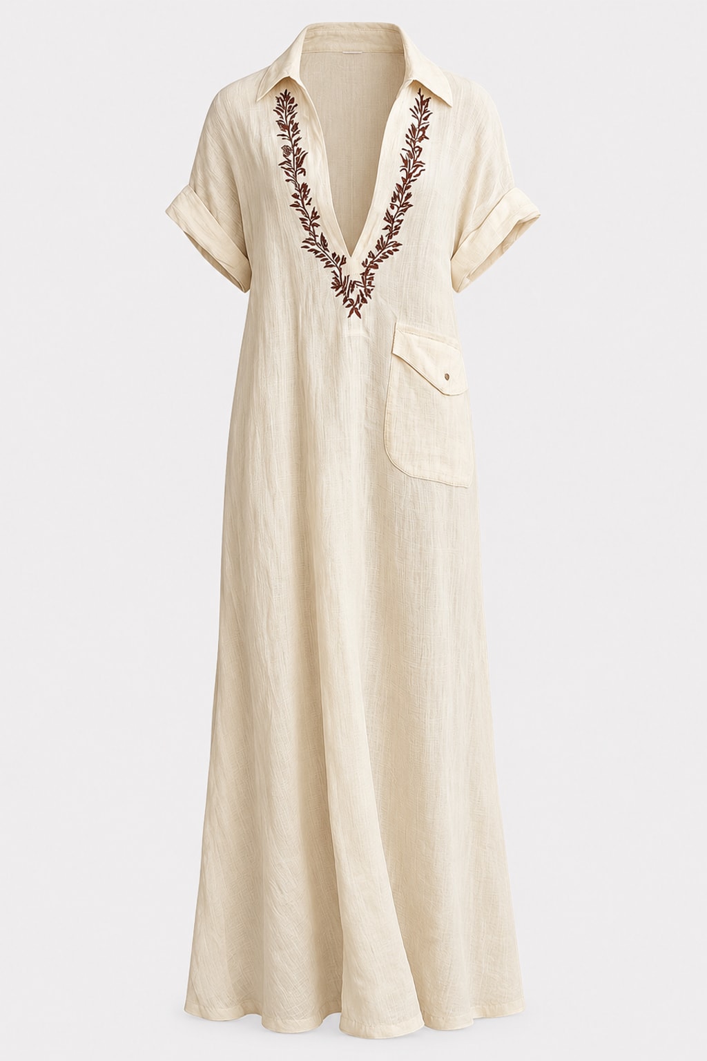 Linen Blend Maxi Dress Embroidered Shirt Style - 1