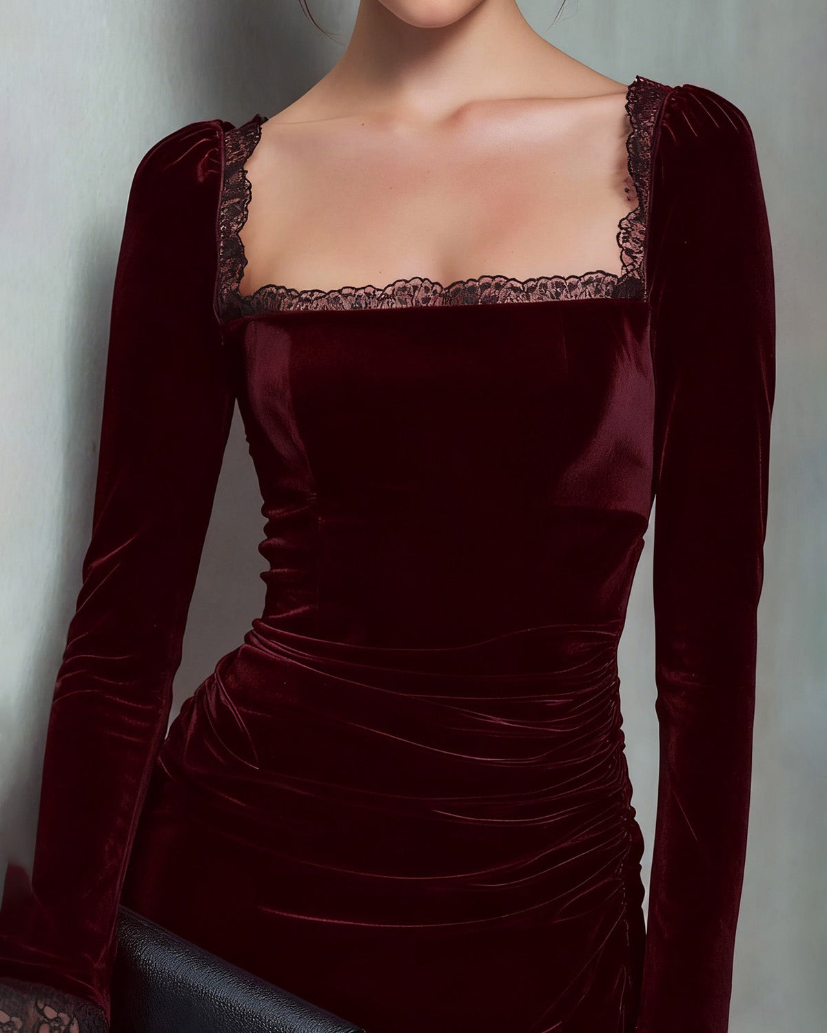 Wine red velour mini dress with square neck - view 4