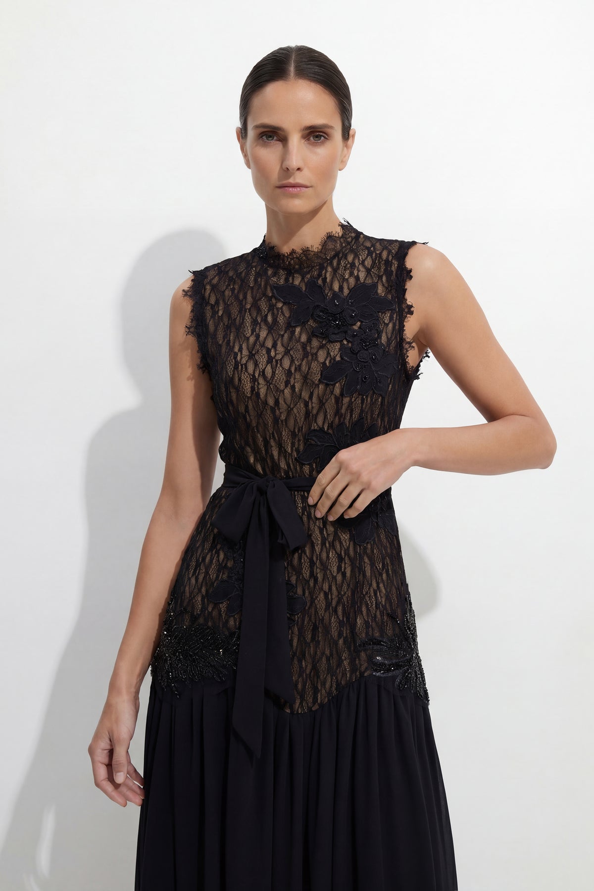 Floral Applique Lace and Chiffon Maxi Dress - view 3