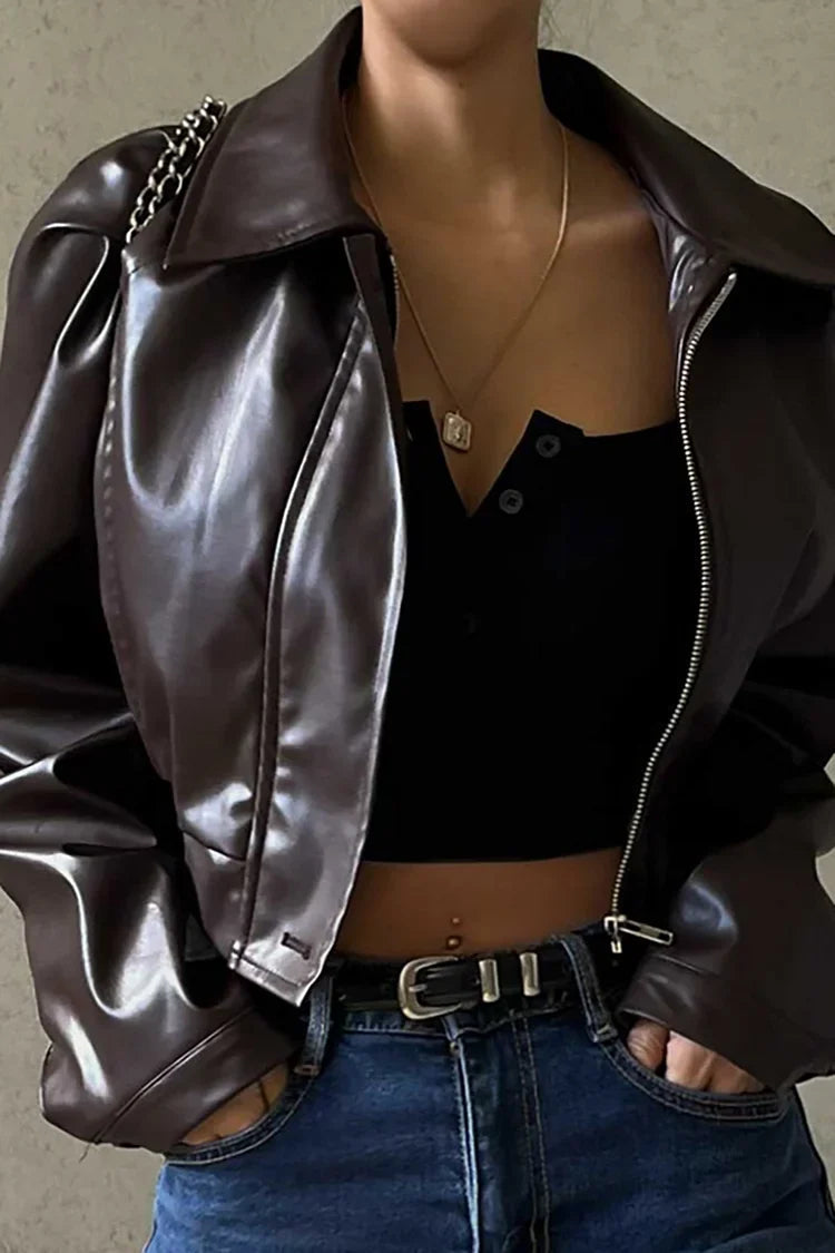 Brown Faux Leather Cropped Moto Jacket - view 3